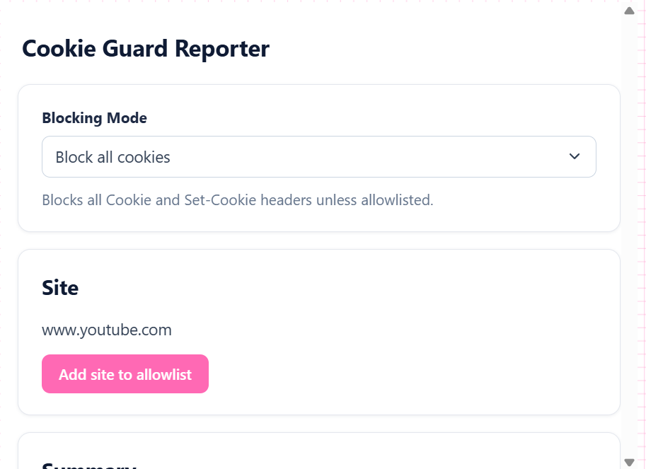 Cookie Guard Reporter browser extension popup, showing blocking mode, the current site, and a cookie summary