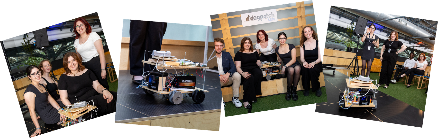 Photo collage of the Lynra team and their tree-injecting rover at Dogpatch Labs