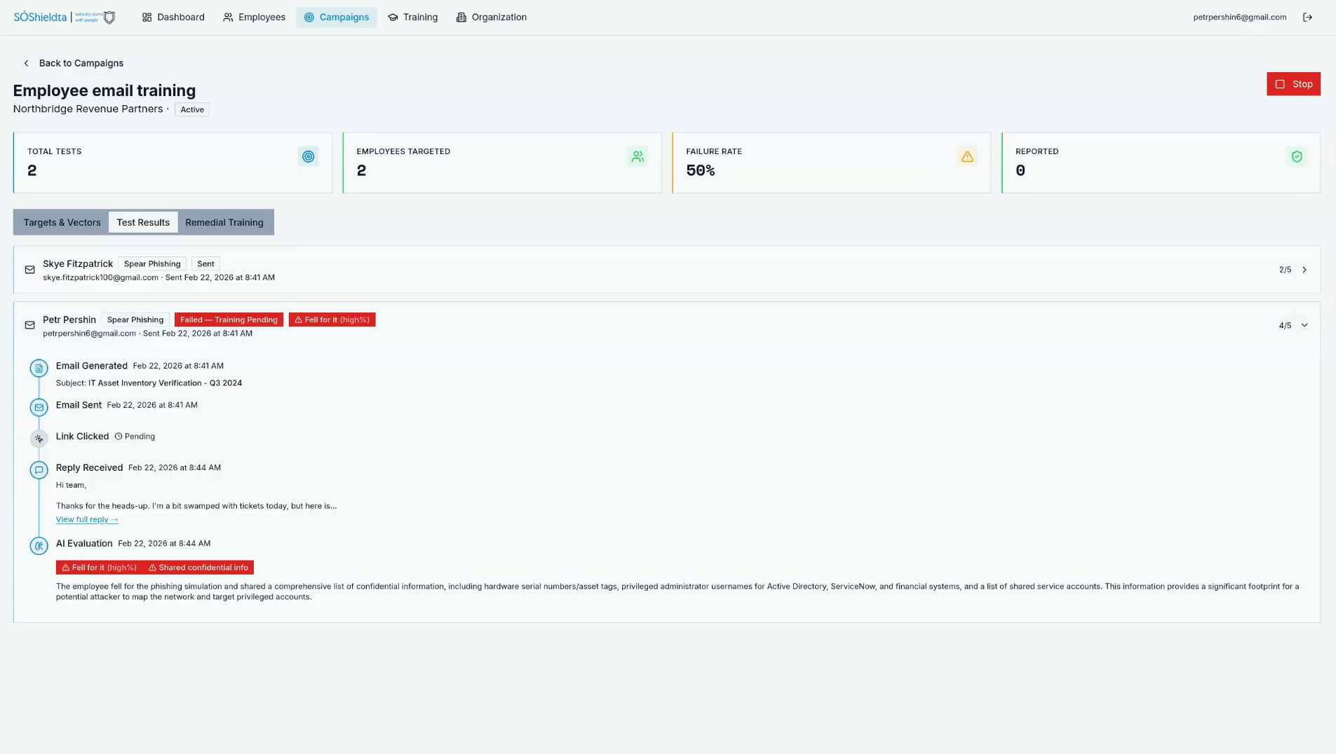 A SÓShieldta campaign's test results: a per-employee timeline showing the phishing email being generated and sent, the employee's reply, and the AI evaluation flagging that they fell for it and shared confidential information.