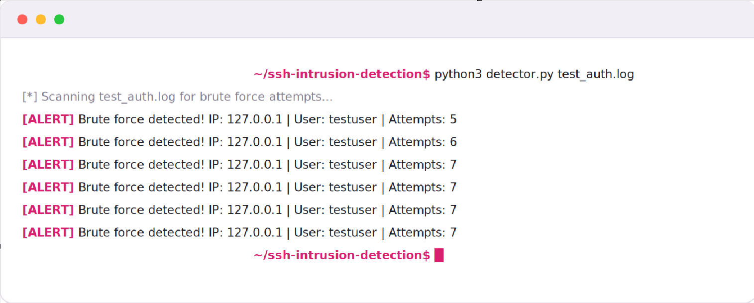 Terminal output from detector.py flagging repeated brute-force attempts