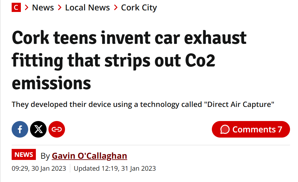 CorkBeo headline: "Cork teens invent car exhaust fitting that strips out Co2 emissions".