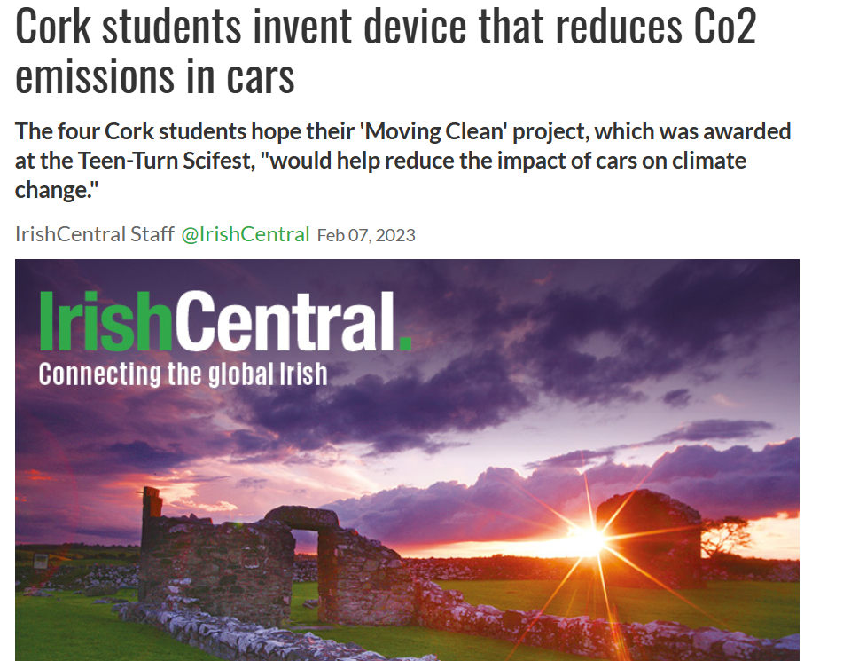 IrishCentral headline: "Cork students invent device that reduces Co2 emissions in cars".